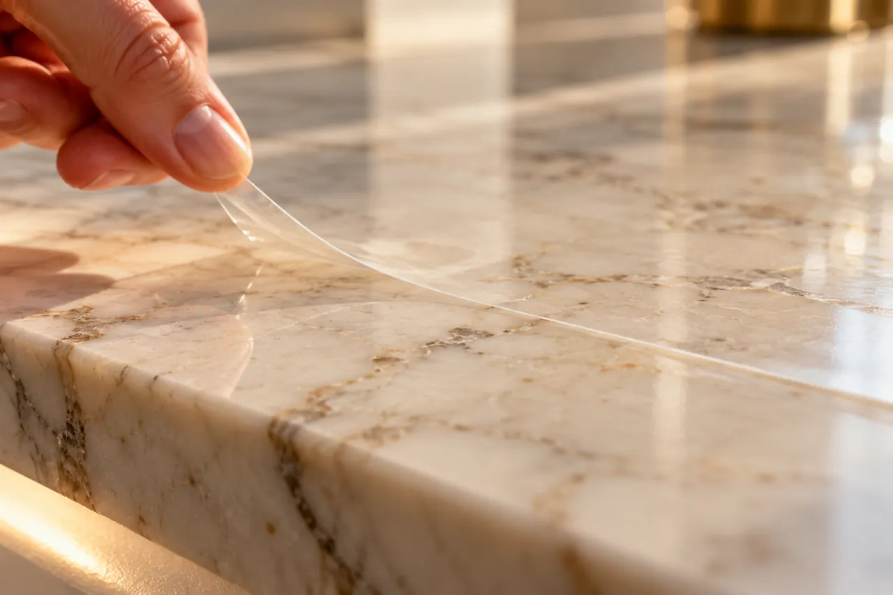 Macro view of a very thin clear protection film edge subtly lifted from an ivory marble countertop, realistic stone veins and warm side light, close emphasis on transparency