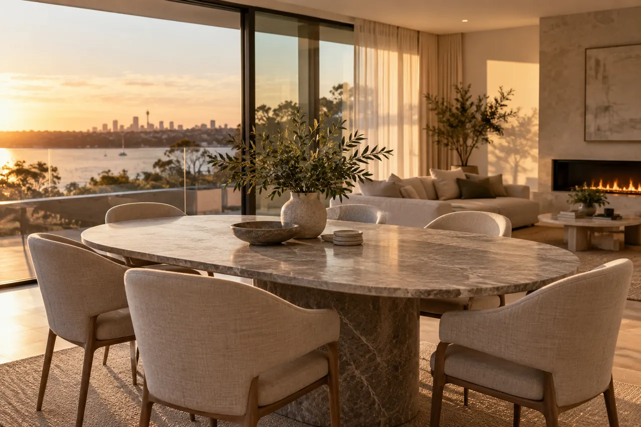 Oval grey marble dining table with linen upholstered chairs and evening natural light, refined Australian living room